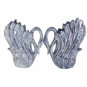 Vtg 1980s Iridescent Silver Swan Ceramic Vases Pair Art Deco Luster Pottery 2pc